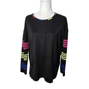 Angel Size Large Striped Long Sleeve Knit Sweater In Black Colorful Sleeves Neck